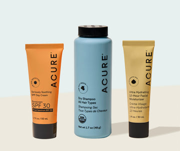 Three Acure skincare products on a light background